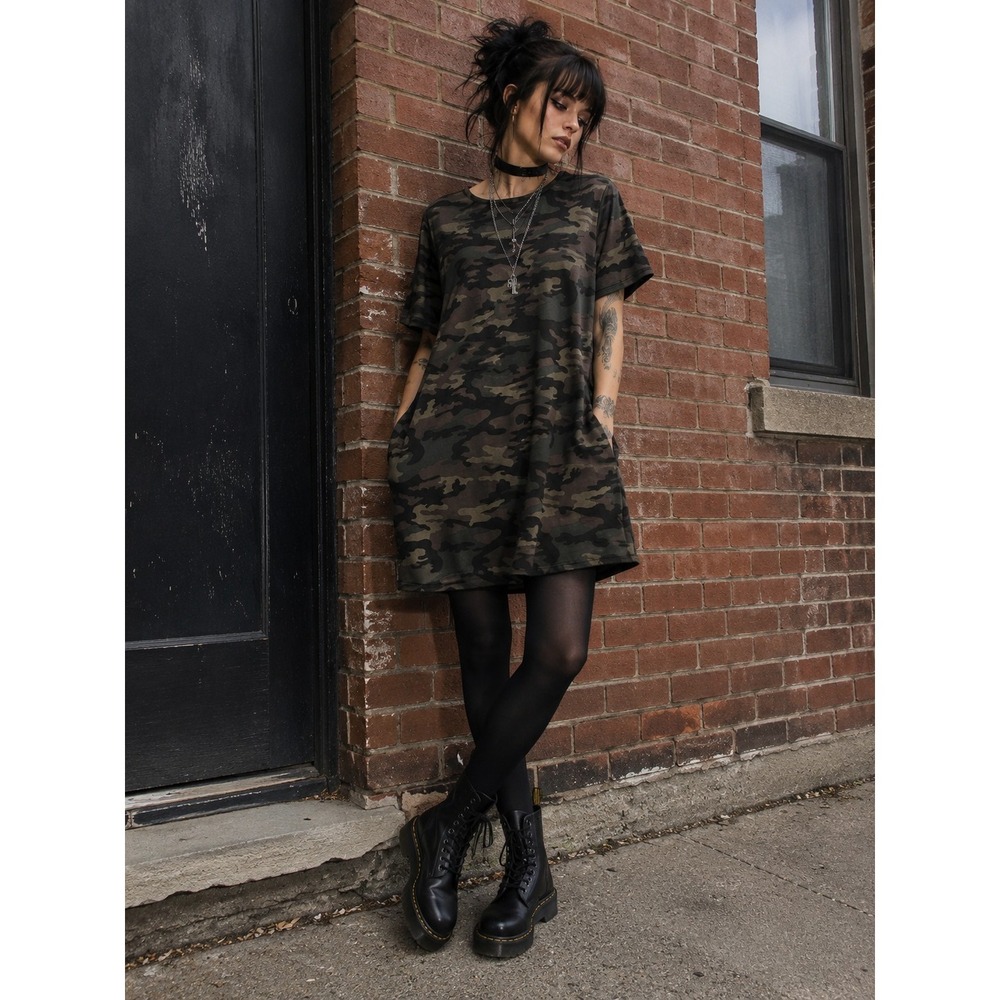 Bobbie Brooks Womens XL Camo T Shirt Dress Camouflage Midi Stretch Casual